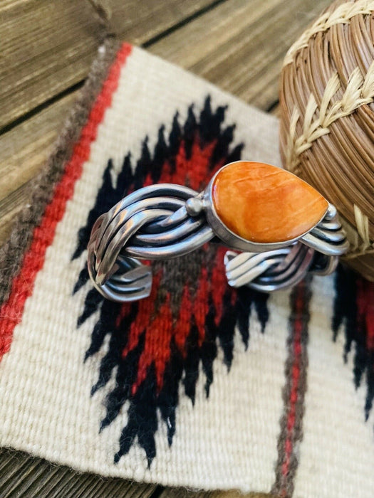 Navajo Orange Spiny & Sterling Silver Braided Cuff Bracelet Signed