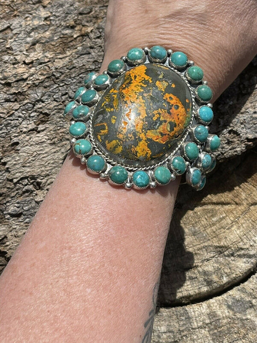 Navajo Sterling Silver Bumblebee & Turquoise Cluster Cuff Bracelet