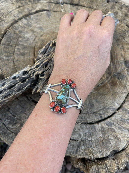 Navajo Sterling Kingman Web Turquoise & Red Coral Taos Bracelet Cuff Johnson