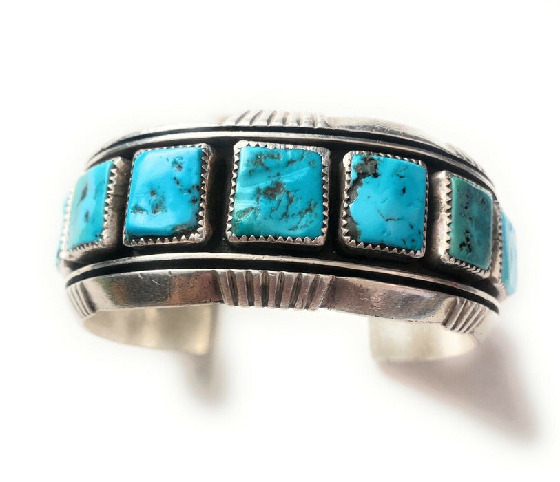 Navajo Kingman Turquoise, Coral & Sterling Silver Cuff Bracelet Signed