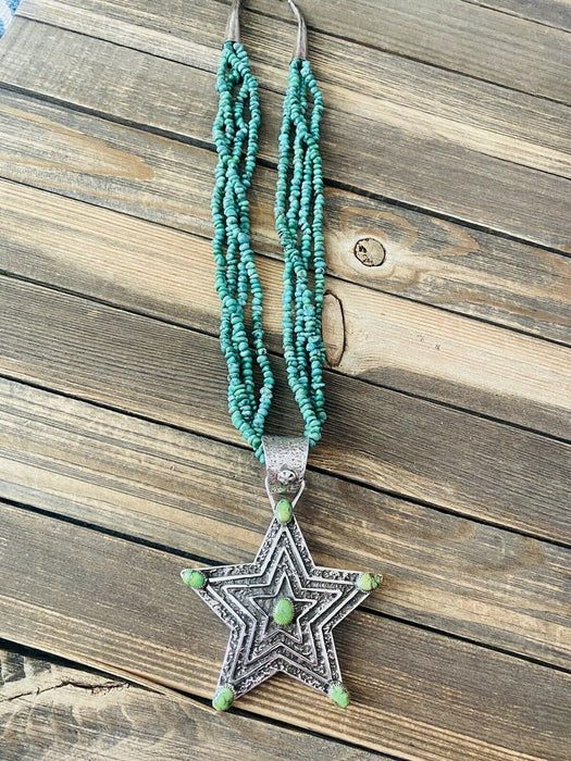 Navajo Turquoise & Sterling Silver Tufa Cast Star Beaded Necklace