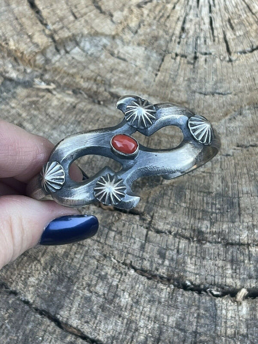 Navajo Natural Red Coral Sterling Silver Cuff By Artist Chimney Butte