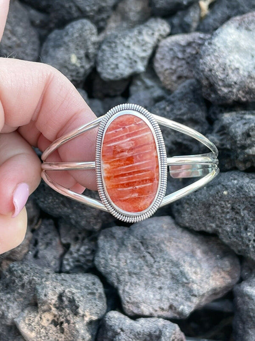 Navajo Orange Spiny Sterling Silver  Cuff Bracelet Stamped Wydell Billie