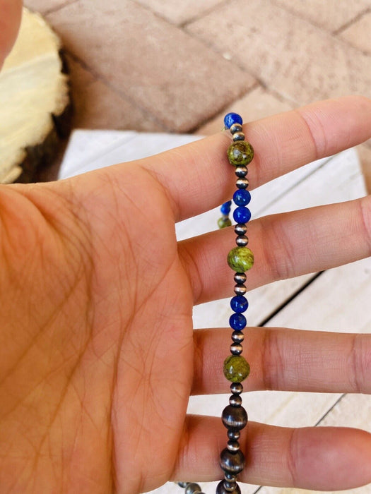 Navajo Lapis, Gaspeite And Sterling Silver Navajo Pearl Beaded Necklace - Culture Kraze Marketplace.com