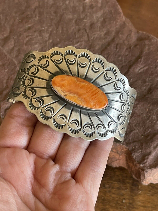 Navajo Orange Spiny & Sterling Silver Concho Cuff Bracelet Chimney Butte Signed