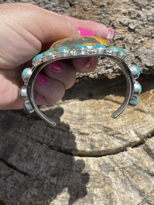 Navajo Sterling Silver Bumblebee & Turquoise Cluster Cuff Bracelet