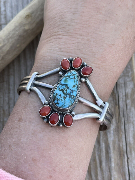 Navajo Sterling Kingman Web Turquoise & Red Coral Taos Bracelet Cuff Johnson