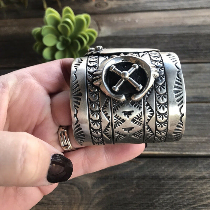 Sterling Silver Navajo Stamped Thunderbird Cuff Made By Rick Enrique