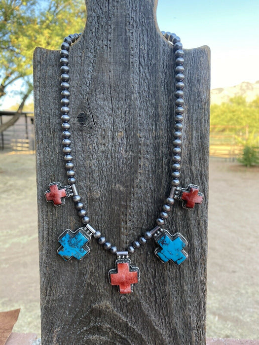 Buffalo Dancer Kingman Turquoise & Spiny Sterling Cross Beaded Necklace Signed - Culture Kraze Marketplace.com