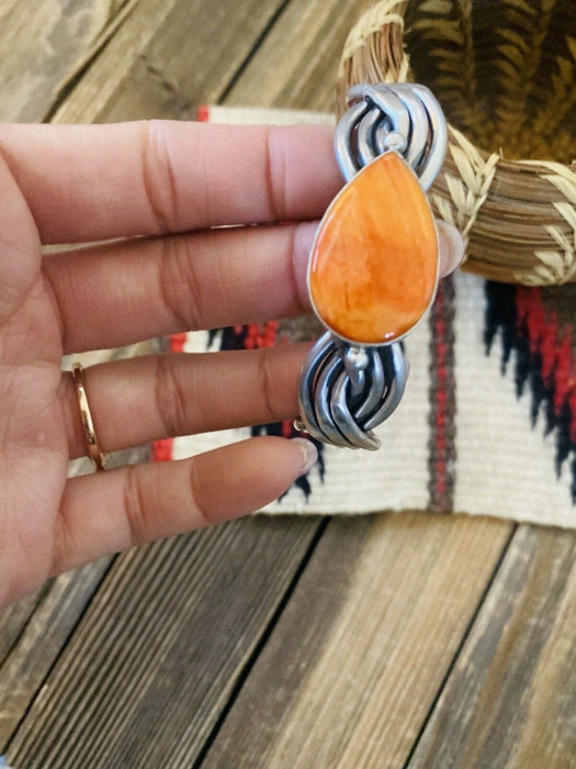 Navajo Orange Spiny & Sterling Silver Braided Cuff Bracelet Signed