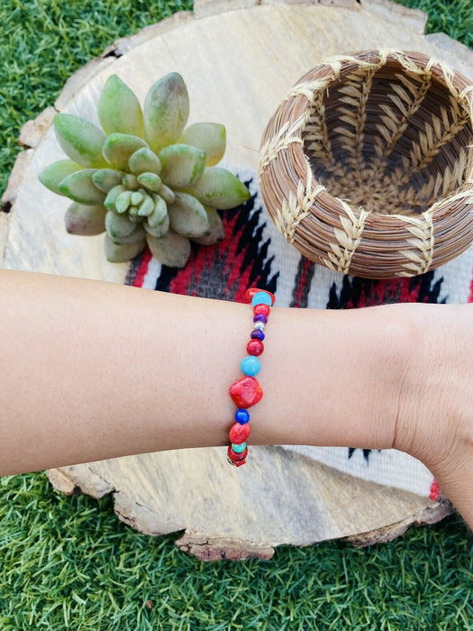 Navajo Coral & Multi Stone Sterling Silver Beaded Bracelet