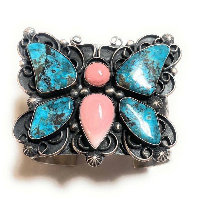 Navajo Turquoise, Pink Coral & Sterling Silver Butterfly Cuff Bracelet