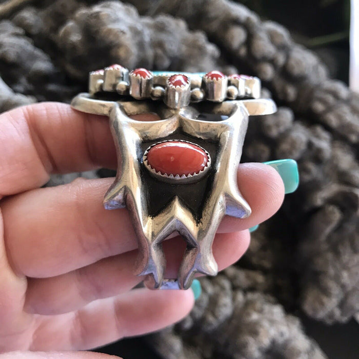 Navajo  Sterling Statement Kingman Turquoise & Natural Red Coral Bracelet Cuff