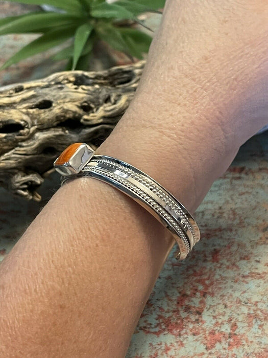 Navajo Orange Spiny Rectangle Sterling Silver Stacker Cuff Bracelet