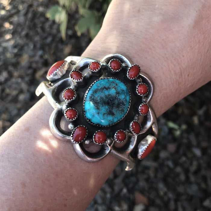 Navajo  Sterling Statement Kingman Turquoise & Natural Red Coral Bracelet Cuff