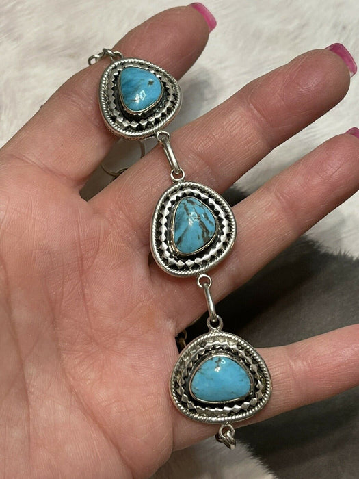 Navajo Sweet Kingman Turquoise & Sterling Silver Twist  Link Bracelet