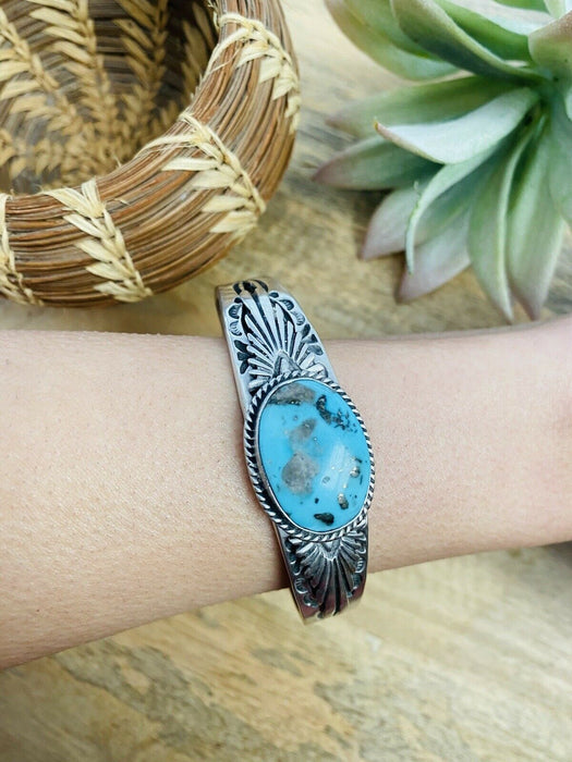 Navajo Sterling Silver & Royston Turquoise Cuff Bracelet Signed