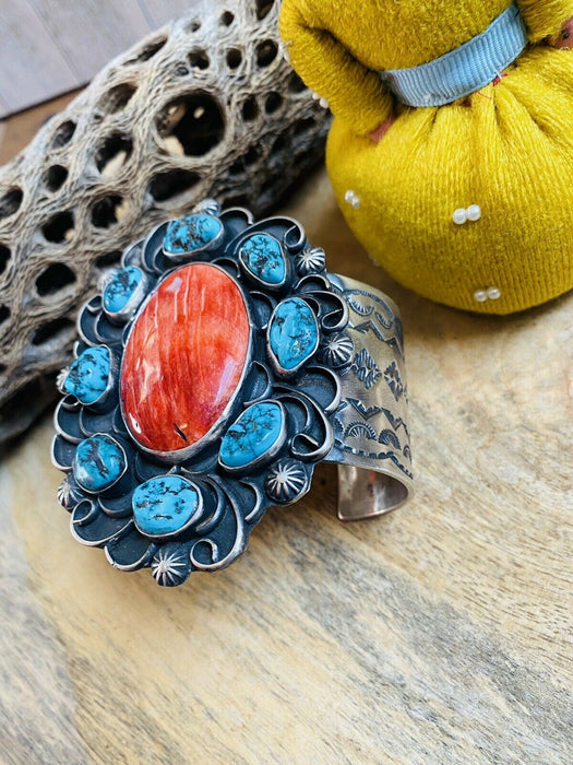 Navajo Turquoise, Orange Spiny & Sterling Silver Cuff Bracelet Signed