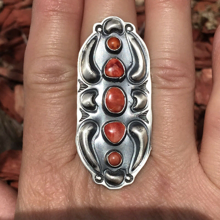 Navajo Sterling Silver Orange Spiny Oyster 5 Stone Ring - Culture Kraze Marketplace.com