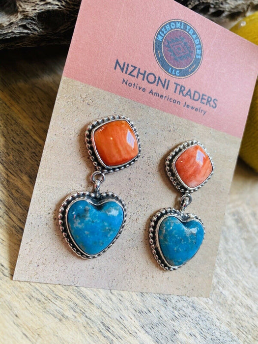 Navajo Sterling Silver, Orange Spiny & Turquoise Heart Dangle Earrings - Culture Kraze Marketplace.com