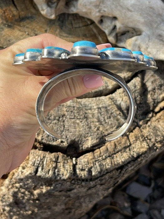 Gorgeous Navajo Sterling Silver Coin & Kingman Turquoise Bracelet Cuff