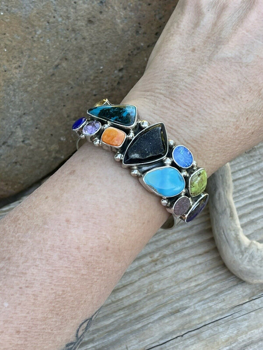 Navajo Multi Stone & Gem Sterling Silver Cuff Bracelet Signed