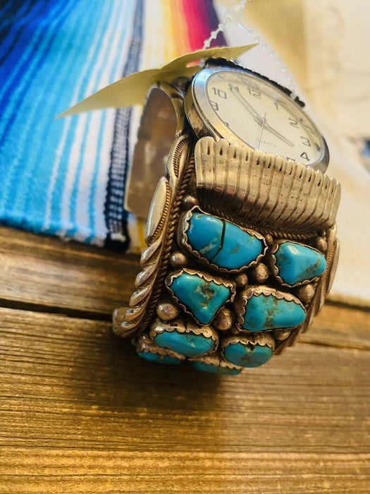 Vintage Navajo Turquoise & Sterling Silver Jumbo Watch Cuff Signed