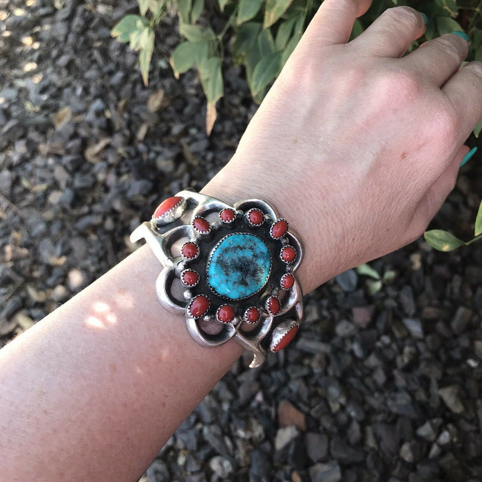 Navajo  Sterling Statement Kingman Turquoise & Natural Red Coral Bracelet Cuff