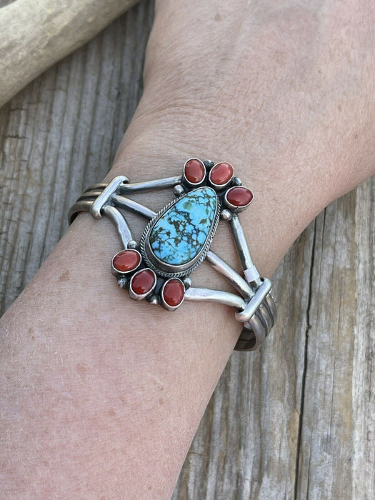 Navajo Sterling Kingman Web Turquoise & Red Coral Taos Bracelet Cuff Johnson