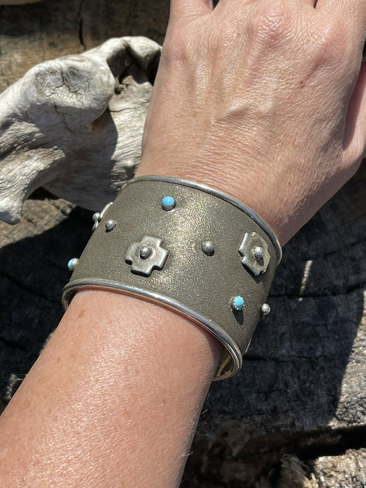 Navajo Sterling Silver Cross Bracelet Cuff With Turquoise Accent Stones Signed