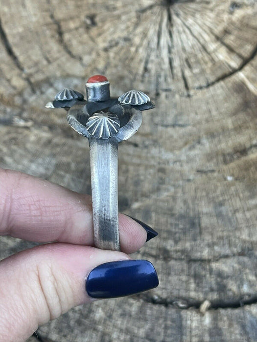 Navajo Natural Red Coral Sterling Silver Cuff By Artist Chimney Butte