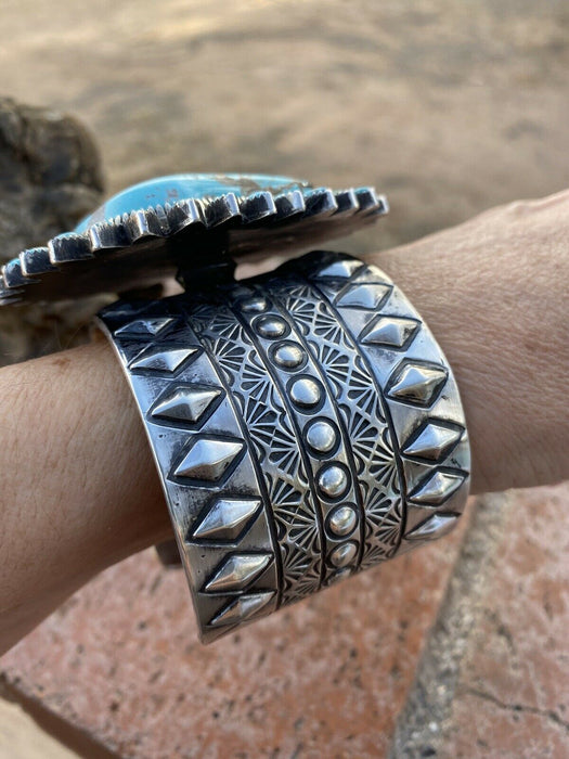 Navajo Sterling Silver & Royston Turquoise Cuff Bracelet Signed