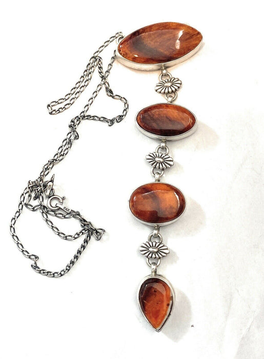 Navajo Orange Spiny & Sterling Silver 4 Stone Lariat Necklace