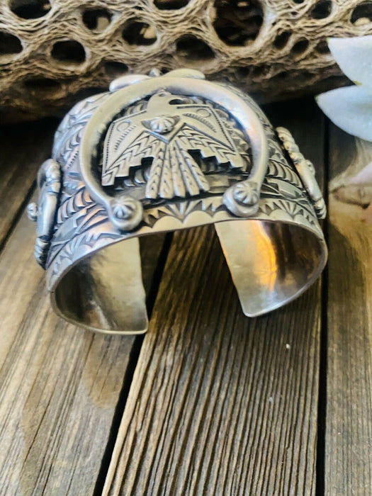 Navajo Hand Stamped Sterling Silver Thunderbird Cuff Made By Rick Enriquez