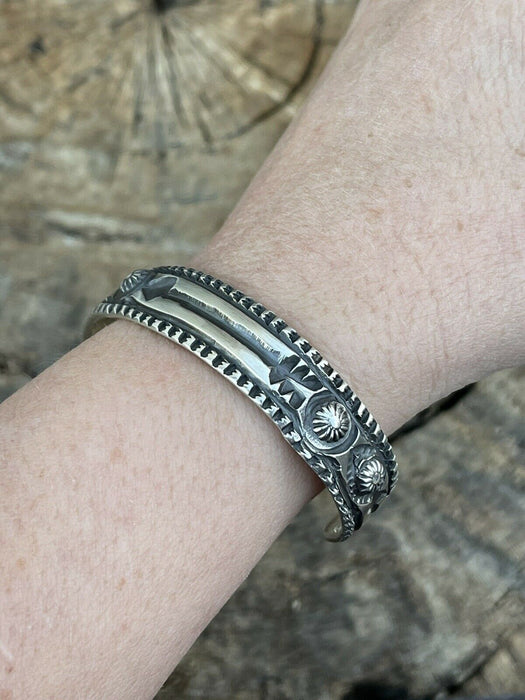 Navajo Sterling Silver Hand Stamped Bracelet Cuff By Artist Elvira Bill