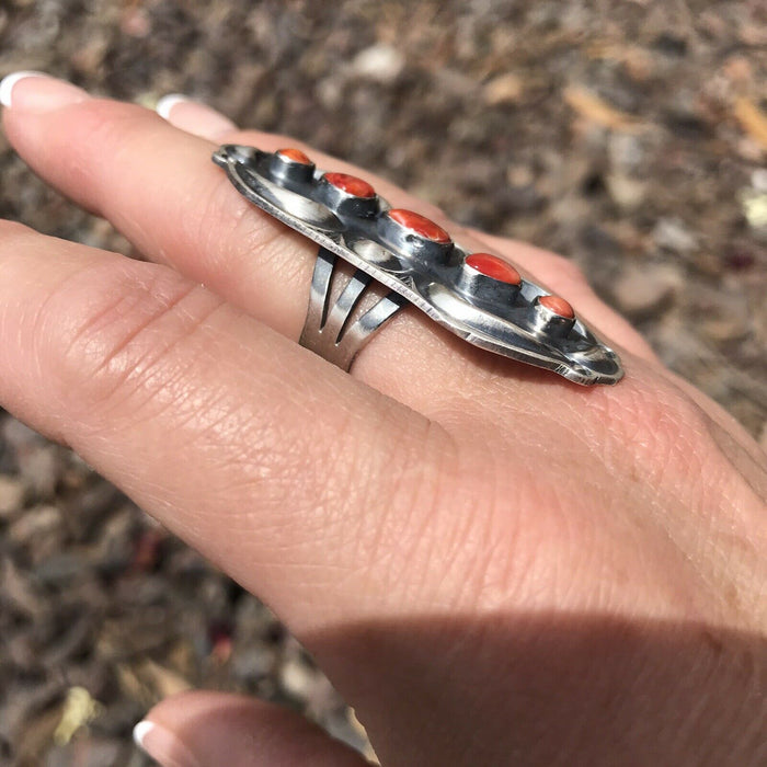 Navajo Sterling Silver Orange Spiny Oyster 5 Stone Ring - Culture Kraze Marketplace.com