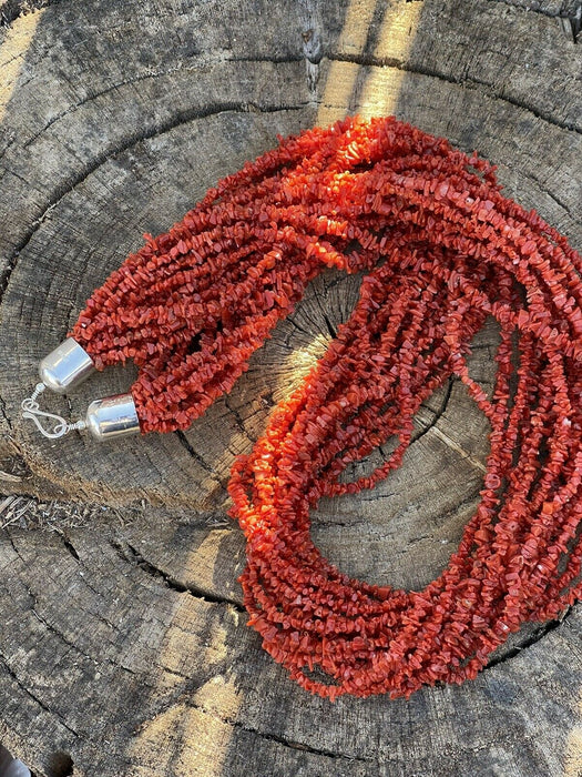 Navajo Sterling Silver Natural Coral 15 Strand Bead 36 Inch Necklace - Culture Kraze Marketplace.com