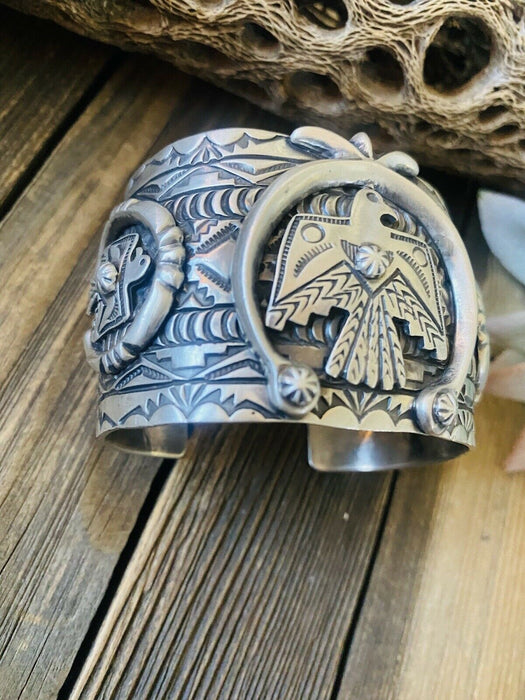 Navajo Hand Stamped Sterling Silver Thunderbird Cuff Made By Rick Enriquez