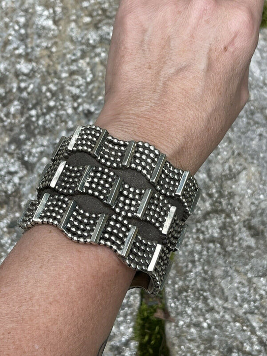 Navajo Sterling Silver Triple Row Dot Cuff Bracelet Signed