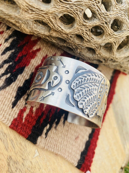 Navajo Sterling Silver Hand Stamped Native American Chief Cuff Bracelet