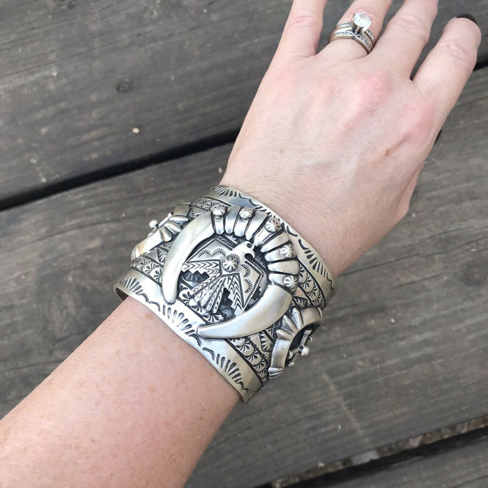 Sterling Silver Navajo Stamped Thunderbird Cuff Made By Rick Enrique