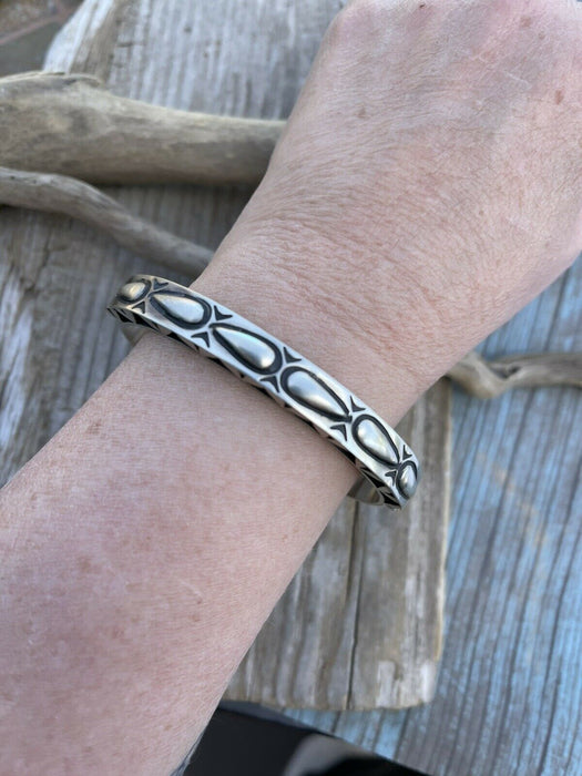 Leander Tahe Hand Stamped Sterling Navajo Bracelet Signed