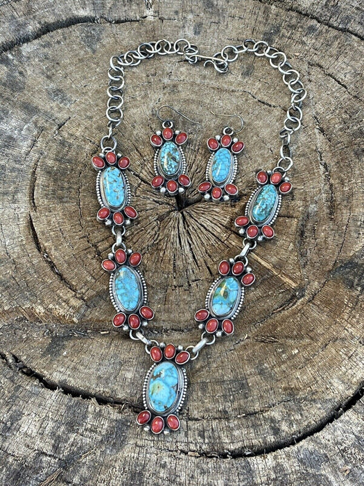 Navajo Sterling Kingman Turquoise Natural Red Coral Necklace Set Taos Collection