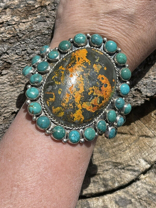 Navajo Sterling Silver Bumblebee & Turquoise Cluster Cuff Bracelet