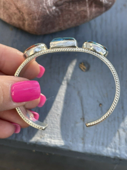 Unique Navajo Sterling Silver & Rainbow Stone Elegant Cuff Bracelet