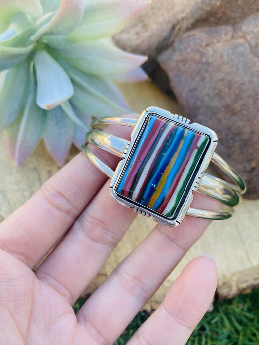 Navajo Sterling Silver & Rainbow  Rectangle Cuff Bracelet