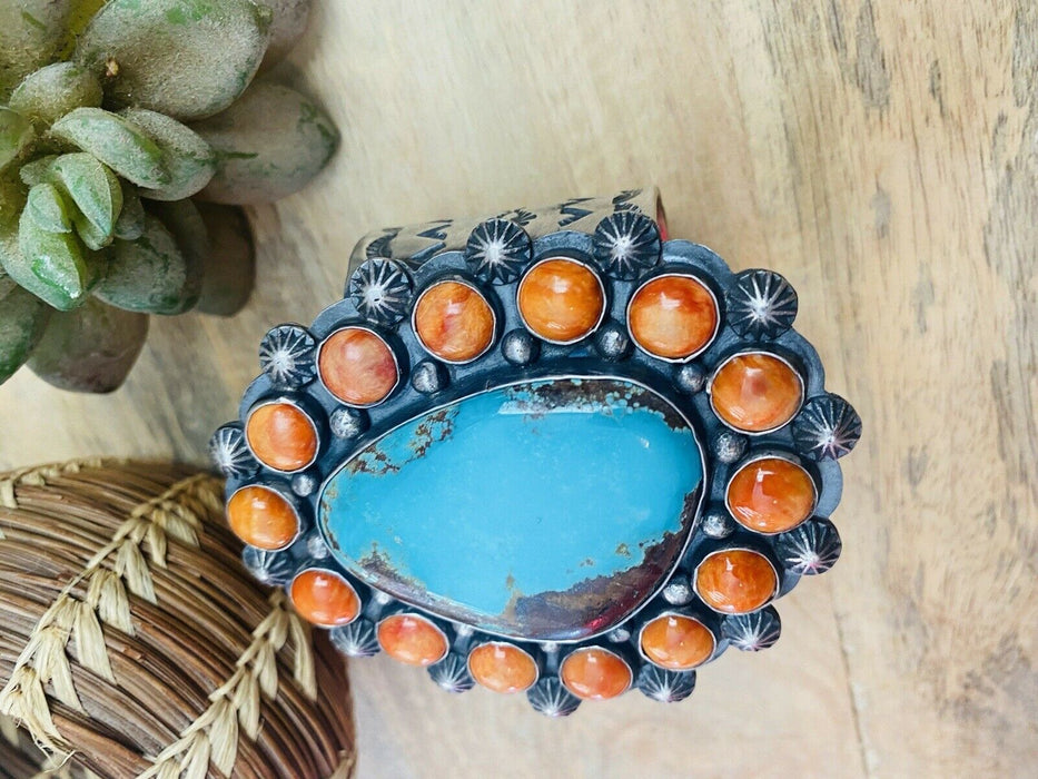 Navajo Orange Spiny, Turquoise & Sterling Silver Cuff Bracelet Signed