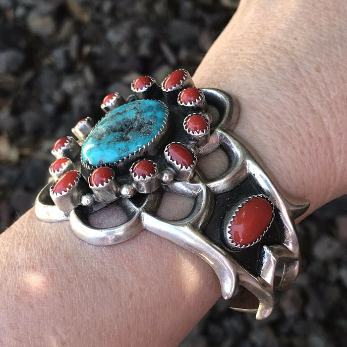 Navajo  Sterling Statement Kingman Turquoise & Natural Red Coral Bracelet Cuff