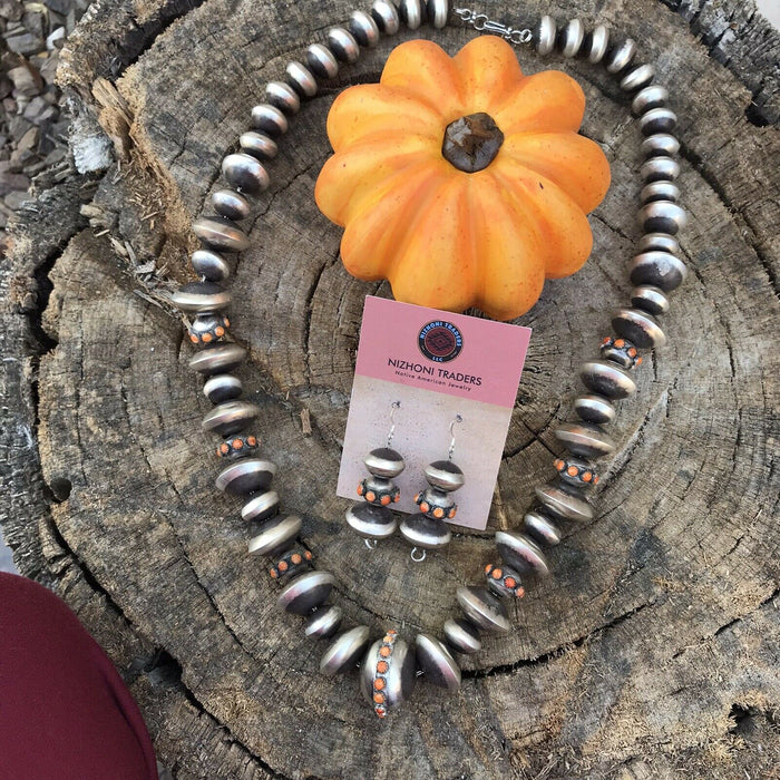 Navajo Orange Spiny & Sterling Navajo Disk Pearl 20 Mm -12 Mm Bead Necklace Set - Culture Kraze Marketplace.com