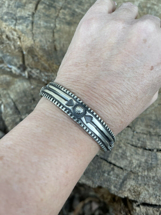 Navajo Sterling Silver Hand Stamped Bracelet Cuff By Artist Elvira Bill